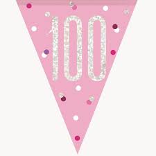 100th Plastic Pink & Silver Pennant Bunting