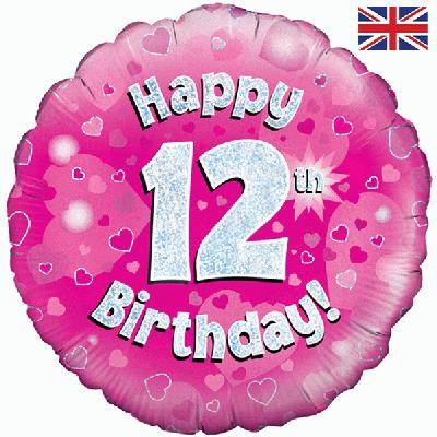 Happy 12th Birthday Pink Holographic Foil Balloon - Eternity Party Express