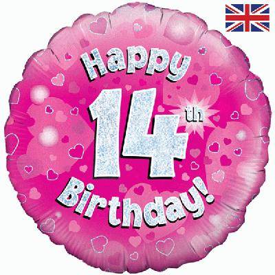 Happy 14th Birthday Pink Holographic Foil Balloon - Eternity Party Express