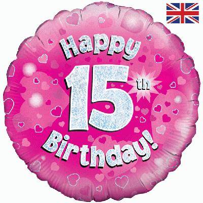 Happy 15th Birthday Pink Holographic Foil Balloon - Eternity Party Express