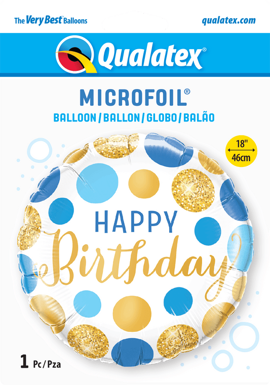 Happy Birthday Blue & Gold Dots Foil Balloon - Eternity Party Express