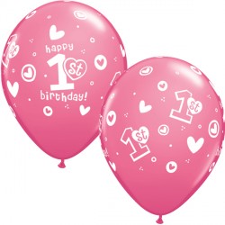 1st Birthday Circle & Hearts Latex Balloons 25 Pack