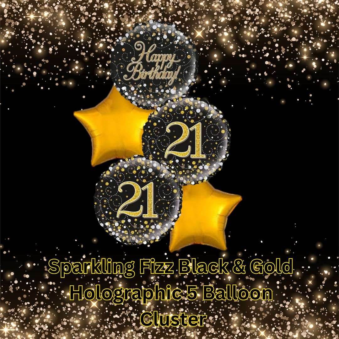 5 Balloon Cluster 21st Black & Gold - Eternity Party Express