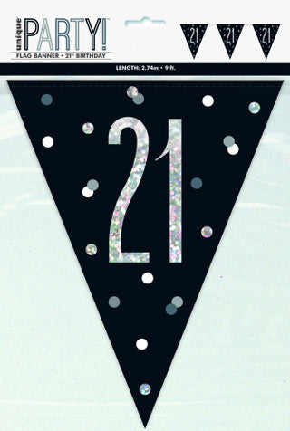 21st Plastic Black & Silver Pennant Bunting