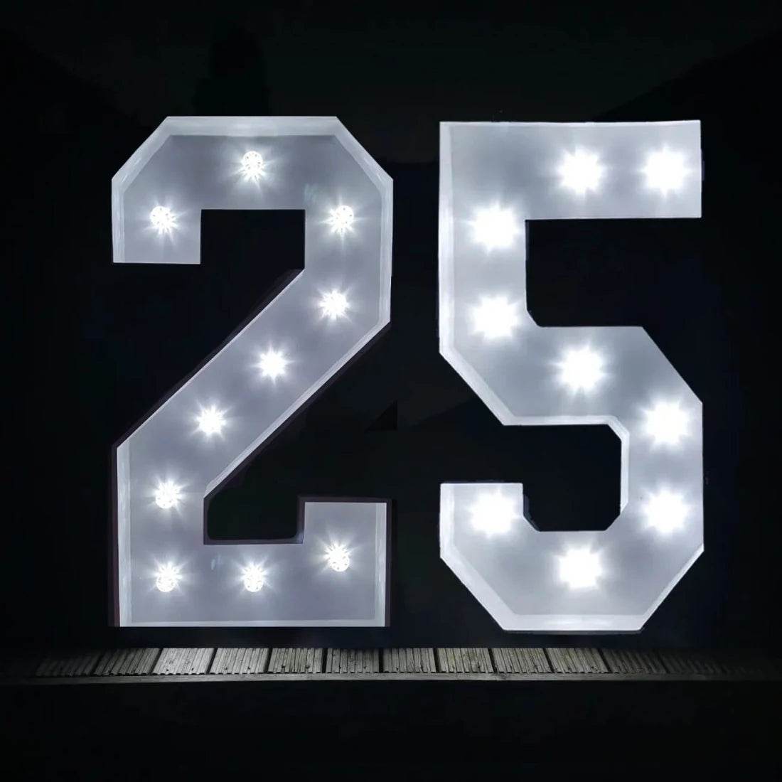 Light up 4 ft wooden numbers to hire - Eternity Party Express