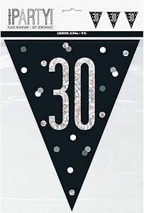 30th Plastic Black & Silver Pennant Bunting