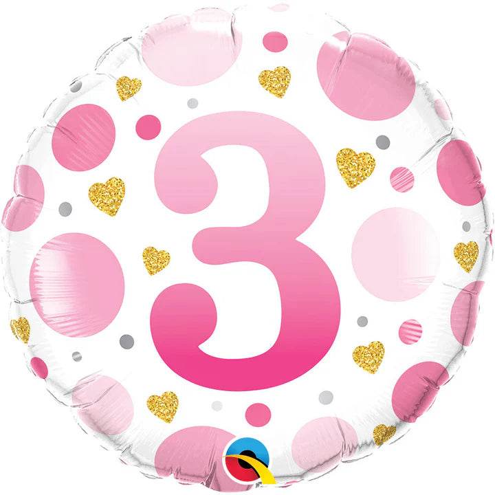 3rd Birthday Pink Dots & Gold Hearts Foil Balloon - Eternity Party Express
