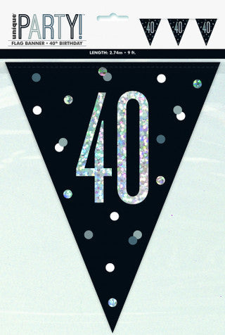 40th Plastic Black & Silver Pennant Bunting