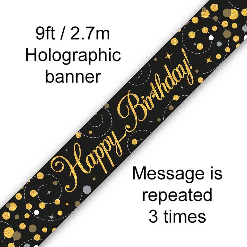 Sparkling Fizz Happy Birthday Black & Gold Holographic Birthday Banner - Eternity Party Express