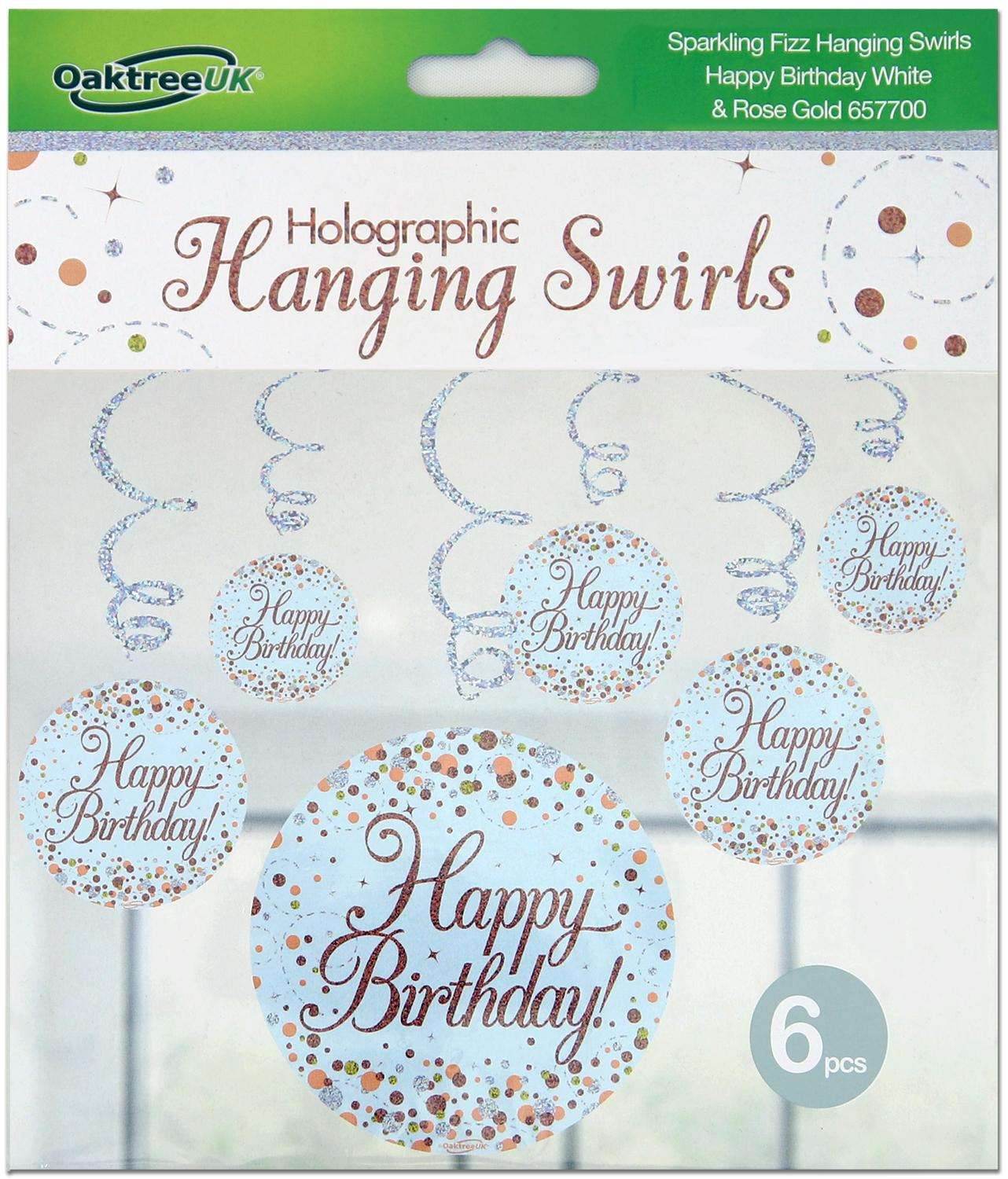 Happy Birthday Holographic Rose Gold Hanging Swirls 6pcs - Eternity Party Express