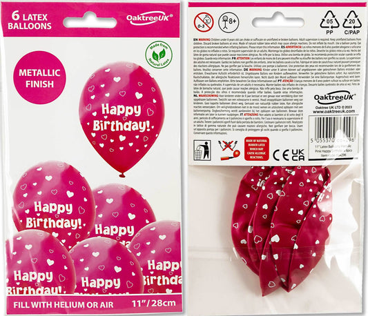 Latex Balloons Hearts Fuchsia Pink Happy Birthday - Eternity Party Express