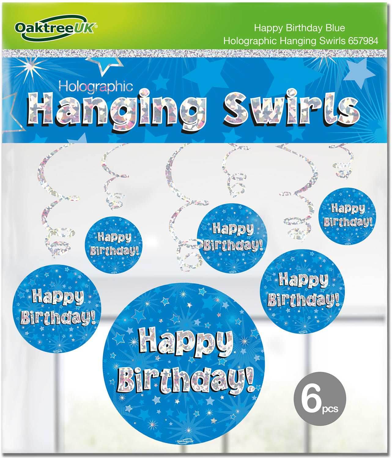 Happy Birthday Holographic Blue Hanging Swirls 6pcs - Eternity Party Express