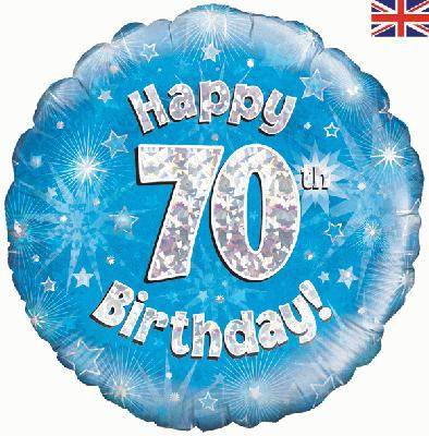 Happy 70th Birthday Blue Holographic Foil Balloon - Eternity Party Express