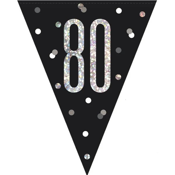 80th Plastic Black & Silver Pennant Bunting