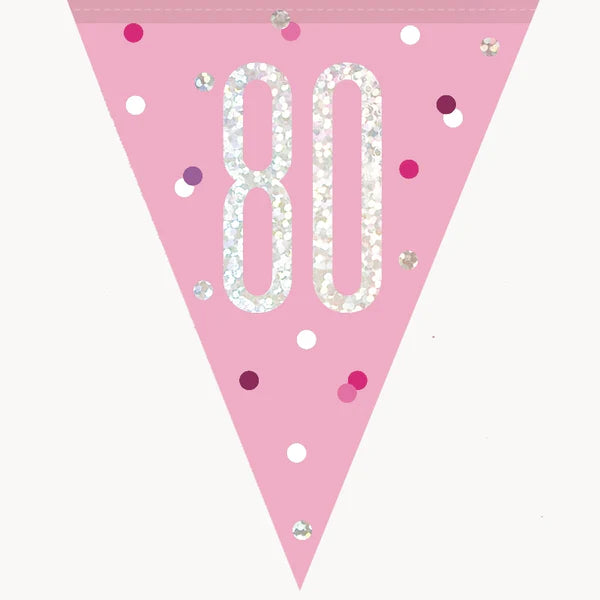 80th Plastic Pink & Silver Pennant Bunting