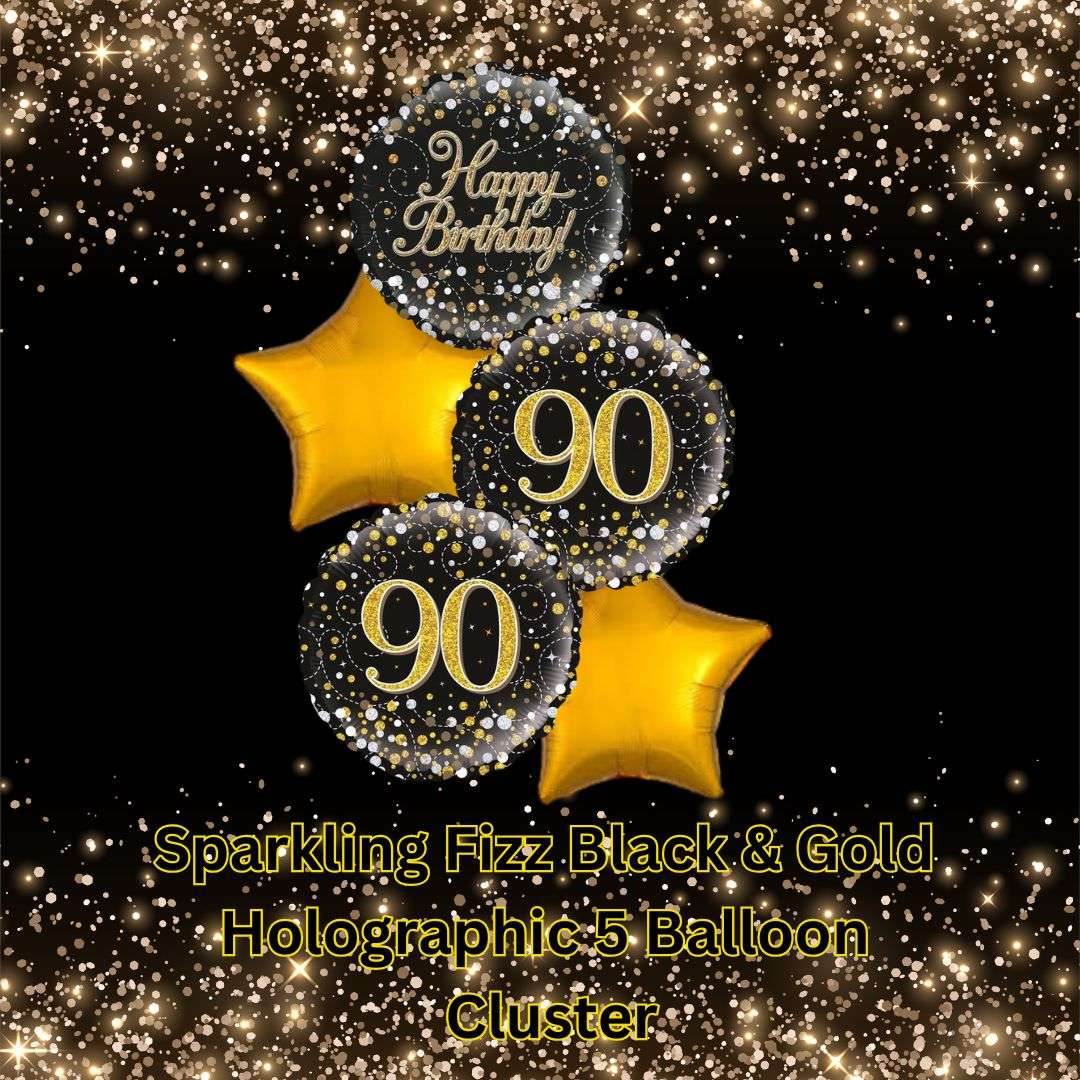 5 Balloon Cluster 90th Black & Gold - Eternity Party Express