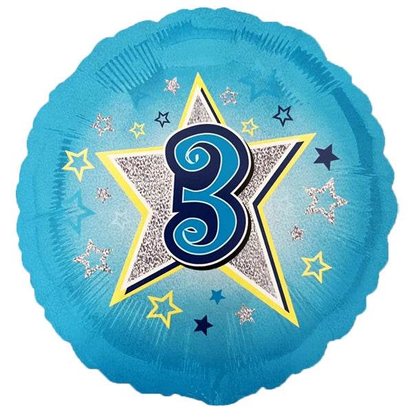 Age 3 Blue Stars Foil Balloon - Eternity Party Express