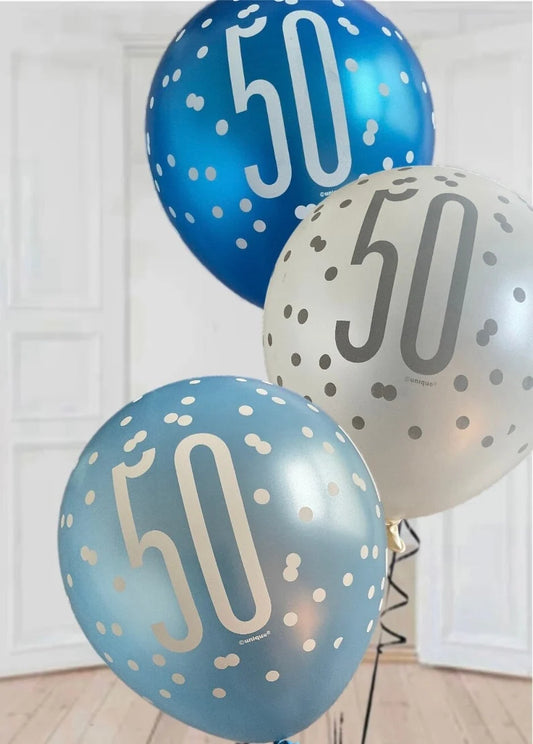Birthday Glitz Blue Latex Balloons Age 50