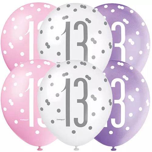 Birthday Glitz Pink Latex Balloons Age 13 - Eternity Party Express