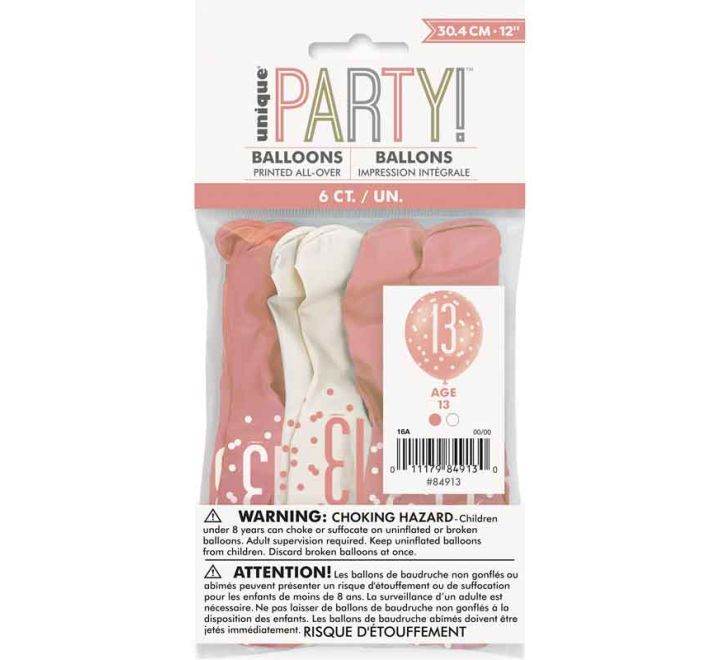 Birthday Glitz Rose Gold Latex Balloons Age 13 - Eternity Party Express