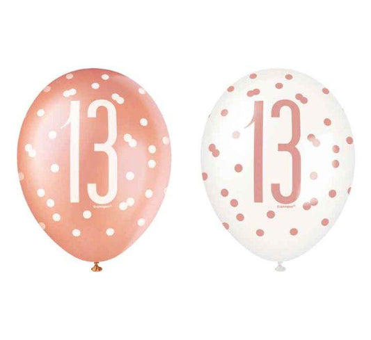 Birthday Glitz Rose Gold Latex Balloons Age 13 - Eternity Party Express
