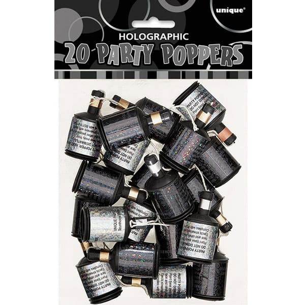 Black And Silver Holographic Party Poppers 20pk - Eternity Party Express