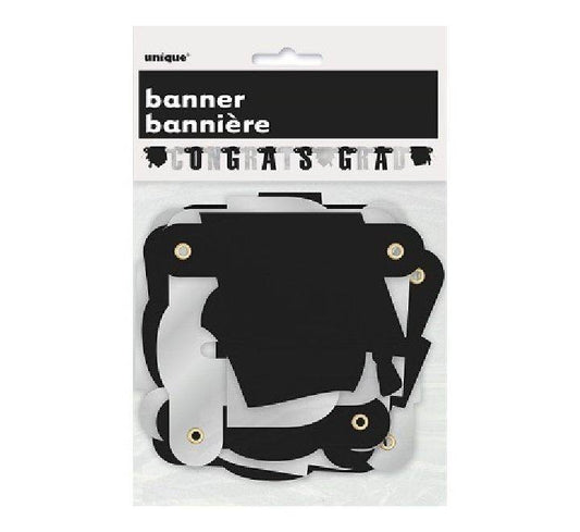 Black And Silver Happy Graduation Foil Letter Banner - Eternity Party Express