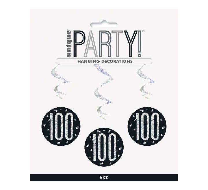 Happy 100th Birthday Black & Silver Glitz Hanging Swirls Decorations