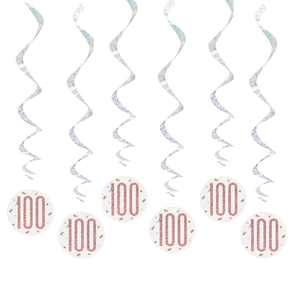 Happy 100th Birthday Rose Gold & Silver Glitz Hanging Swirls Decorations