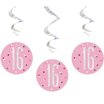 Happy 16th Birthday Pink & Silver Glitz Hanging Swirls Decorations