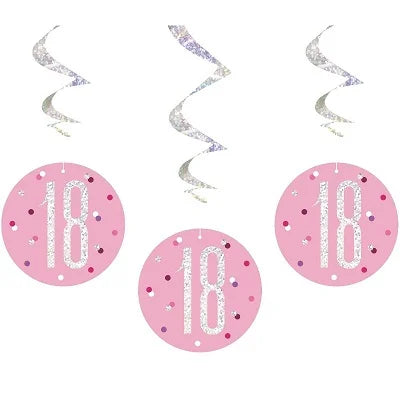 Happy 18th Birthday Pink & Silver Glitz Hanging Swirls Decorations