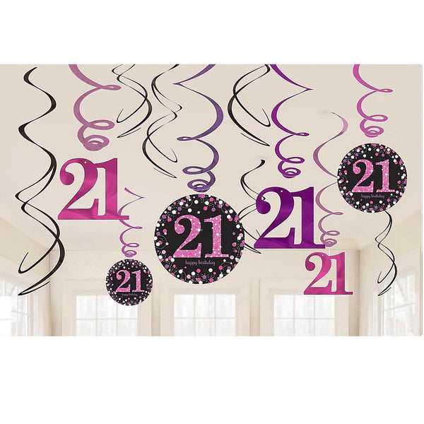 Happy 21st Birthday Pink Celebration Swirls Decoration