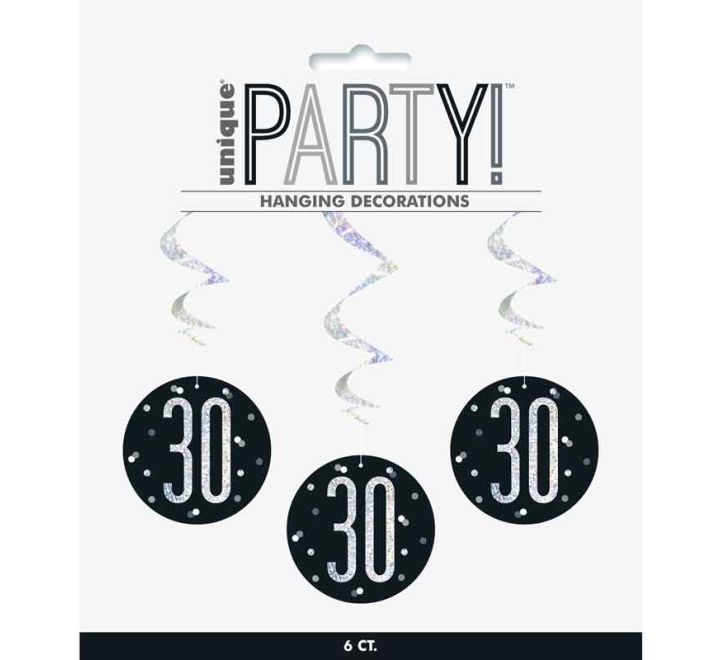 Happy 30th Birthday Black & Silver Glitz Hanging Swirls Decorations