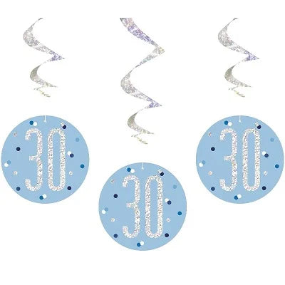 Happy 30th Birthday Blue & Silver Glitz Hanging Swirls Decorations