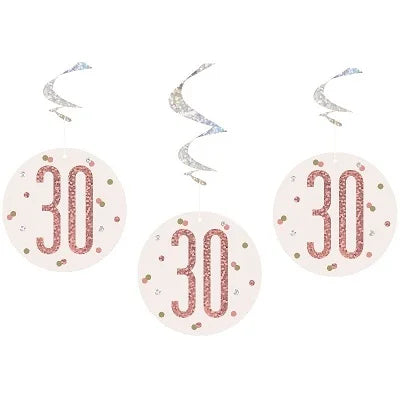 Happy 30th Birthday Rose Gold & Silver Glitz Hanging Swirls Decorations
