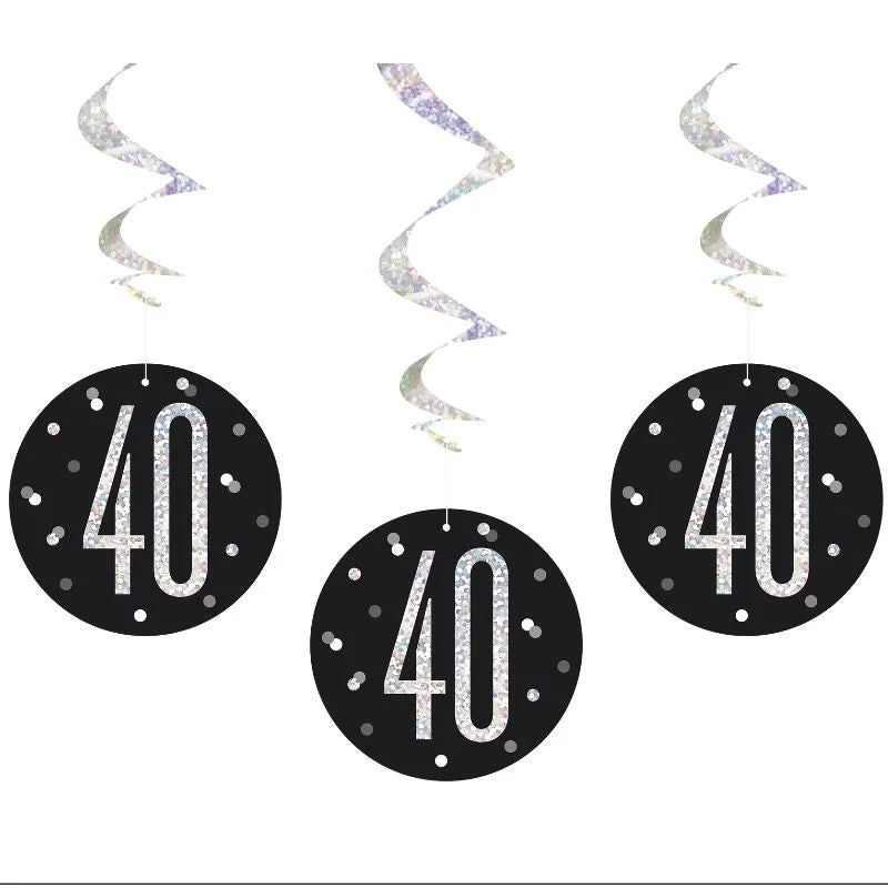 Happy 40th Birthday Black & Silver Glitz Hanging Swirls Decorations