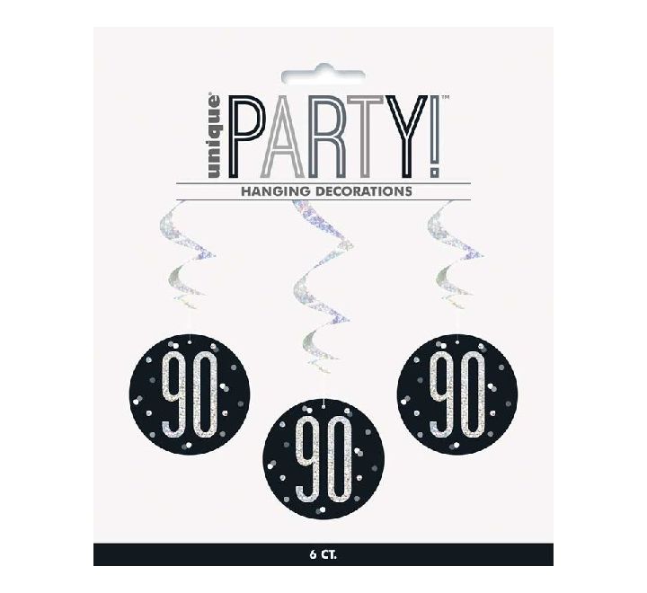 Happy 90th Birthday Black & Silver Glitz Hanging Swirls Decorations