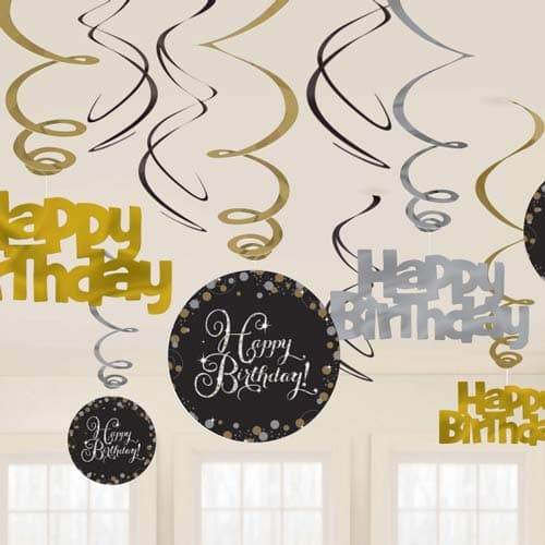 Happy Birthday Gold Celebration Swirls Decoration - Eternity Party Express