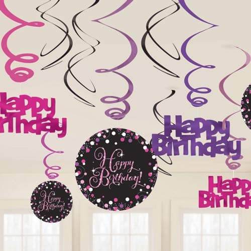 Happy Birthday Pink Celebration Swirls Decoration - Eternity Party Express