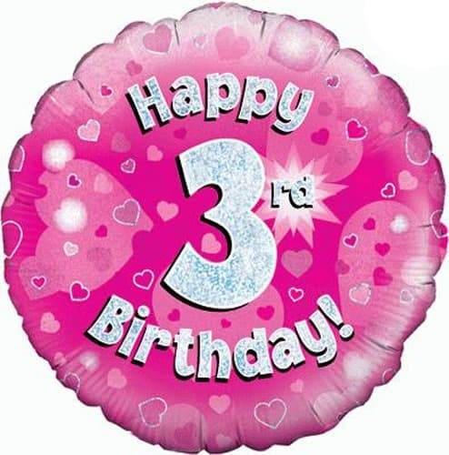 Happy 3rd Birthday Pink Holographic Foil Balloon - Eternity Party Express