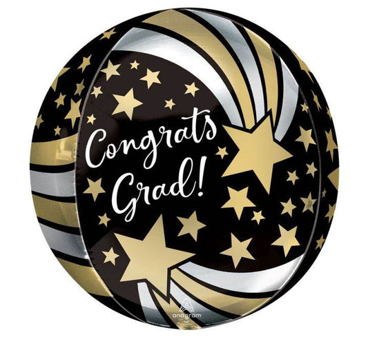 Black, Gold And Silver Congrats Grad Shooting Stars Orbz Balloon - Eternity Party Express