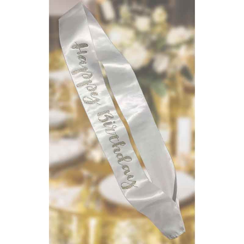 White Gold Diamante Happy Birthday Sash - Eternity Party Express
