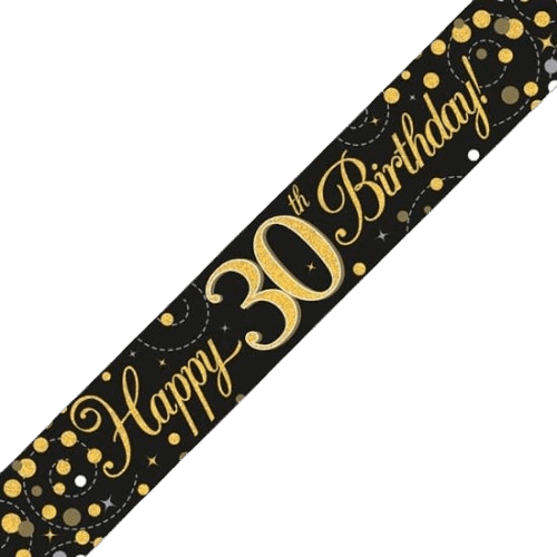 Sparkling Fizz 30th Birthday Black & Gold Holographic Birthday Banner - Eternity Party Express