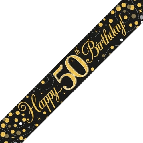 Sparkling Fizz 50th Birthday Black & Gold Holographic Birthday Banner - Eternity Party Express