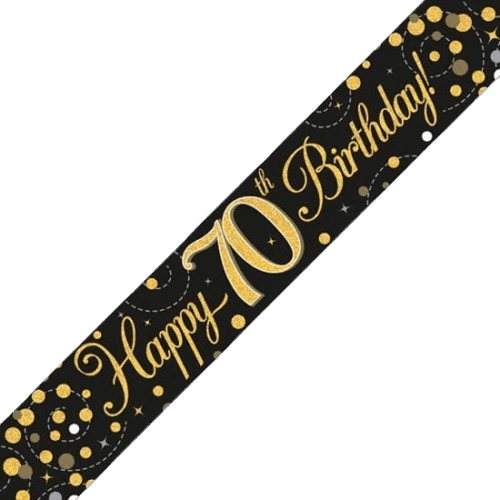 Sparkling Fizz 70th Birthday Black & Gold Holographic Birthday Banner - Eternity Party Express