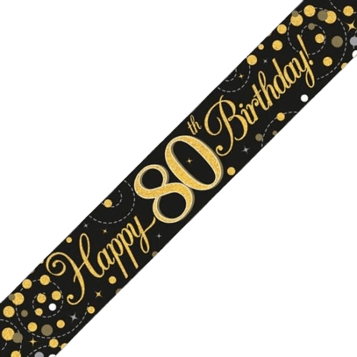 Sparkling Fizz 80th Birthday Black & Gold Holographic Birthday Banner - Eternity Party Express