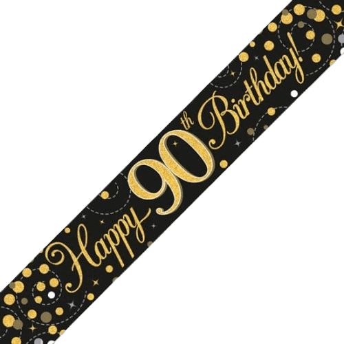 Sparkling Fizz 90th Birthday Black & Gold Holographic Birthday Banner - Eternity Party Express