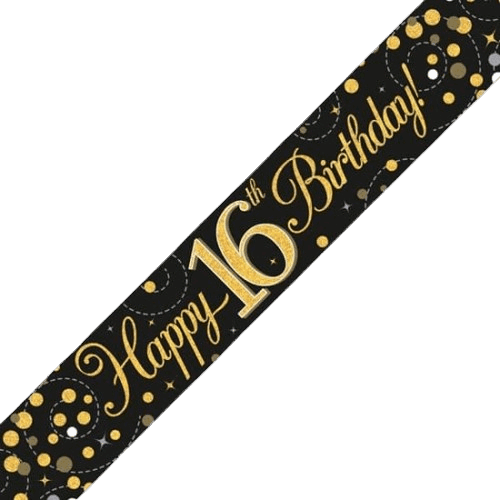 Sparkling Fizz 16th Birthday Black & Gold Holographic Birthday Banner - Eternity Party Express