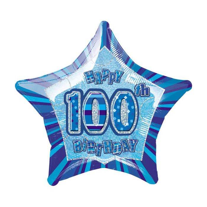 Blue 100th Happy Birthday Star Shaped Blue Foil Balloon - Eternity Party Express
