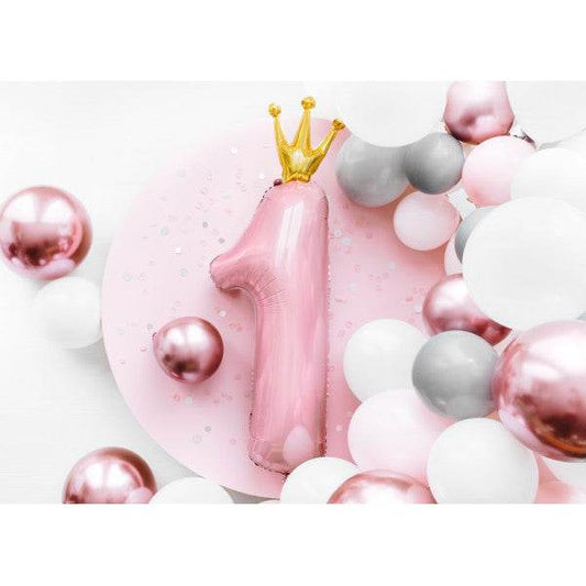 Pastel Pink Age 1 Number Foil Balloon with Crown - Eternity Party Express